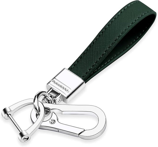 QBUC Genuine Leather Car Keychain,Universal Heavy Duty Metal Key Chain Accessories,Car Fob Key Keychain Holder with 360 Degree Rotatable Snap Swivel and Anti-Lost D-Ring for Men Women(Dark Green)