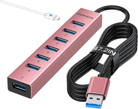 FORIDA USB Hub Long Cable 8 Ports Multiport Adapter with 7-Port USB 3.0 Data Ports, 5V/3A Type-C Power Port Splitter, USB Extender for Laptop PC and More (Rose Gold, USB A-47in)