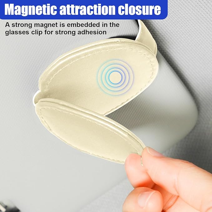ZIMISI 2PCS Magnetic Sunglass Holder for Car Visor, Leather Glasses Holder for Different Size Eyeglasses, Clip on Sunglasses Clip, Ticket Card Clip, Car Visor Organizer (Beige)