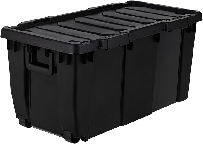 IRIS USA 32 Gallon Heavy Duty Rolling Storage Bin with Lid, 2 Pack Extra Large Stackable Industrial Tote, Lockable Container with Wheels and Secure Latches for Garage, Basement, Camping, Tools, Truck