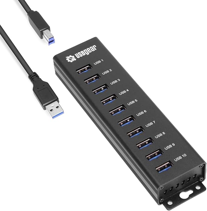 USBGear 10-Port USB Hub 3.2 Gen 1 ??Mountable SuperSpeed Data Hub with USB Ports for Laptop, PC, Desktop, and More, 5V/4A Power Adapter with Type-A to Type-B Cable (3ft), Computer Accessories
