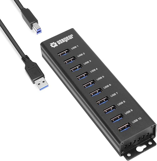 USBGear 10-Port USB Hub 3.2 Gen 1 ??Mountable SuperSpeed Data Hub with USB Ports for Laptop, PC, Desktop, and More, 5V/4A Power Adapter with Type-A to Type-B Cable (3ft), Computer Accessories
