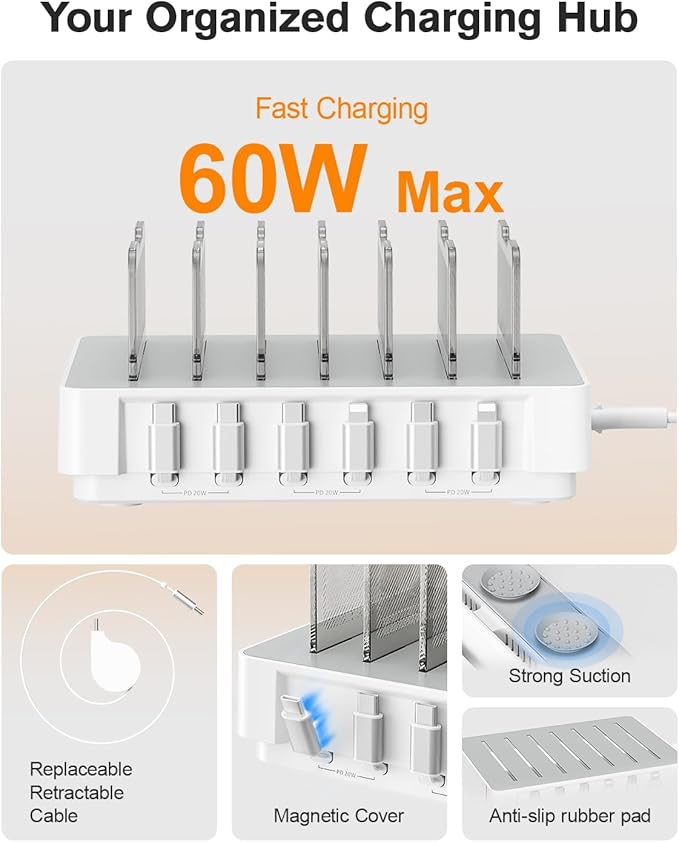 SooPii HomeHub H1 Charging Station for multiple devices,Upgraded 6-Port Desktop Fast Charger with 6 Retractable Cablesï¼?*C+2*iPï¼?60W PD charger station for iPhone/Tablet,Tangle-Free Charging Organizer