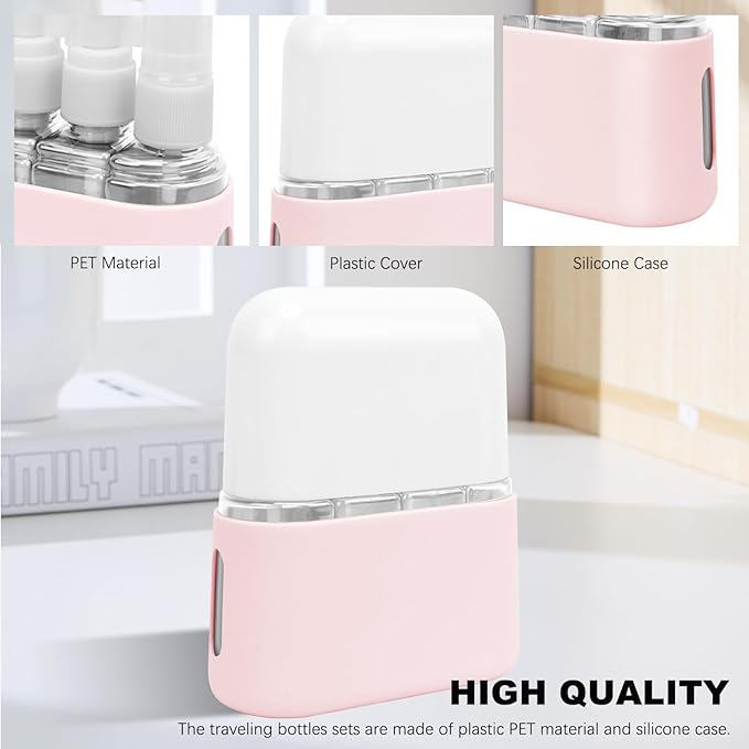 Skycase Travel Bottles - Leak Proof Refillable Tsa Approved Travel Size Toiletries, 4 in 1 Liquid Bottles Containers with Labels and Funnel Airplane Accessories Kits for Lotion Liquid (Pink)