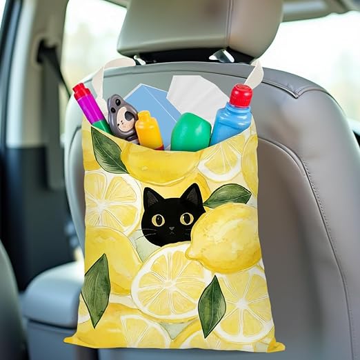 Black Cat Car Trash Bag, Lemon Car Trash Bag Hanging, Lemon Accessories, Summer Decor Waterproof Cars Back Seat Hanging Organizer Garbage Can for Vehicle Travelling Camping