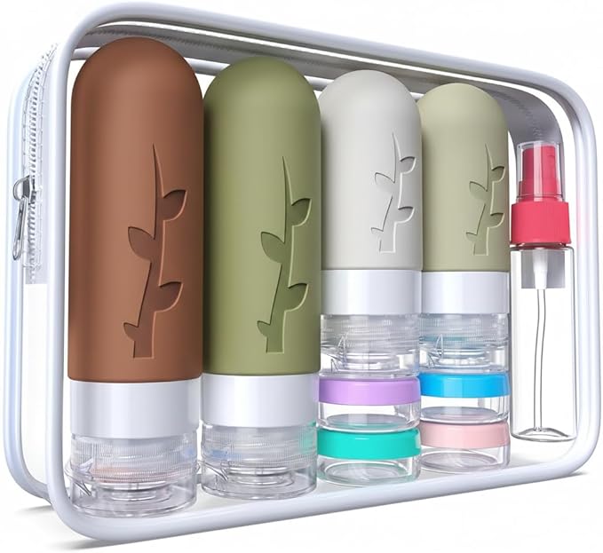 DEPOZA Travel Bottles Kit (16 Pack) - TSA Approved, Leak Proof Silicone Squeezable Containers for Toiletries. Complete Set with Jars, Sprayers & Bag (Earthy brown)