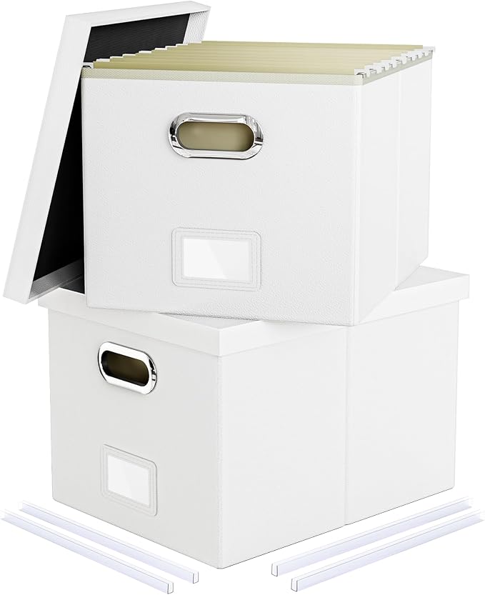 Oterri 2 Pack File Storage Organizer Box,Filing Box,Portable File Box with Lid,Fit for Letter/Legal File Folder Storage, White(Leather)-Box only