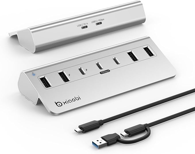 USB C Hub,Powered USB Hub with 5V 3A Power Adapter, 10Gbps USB Splitter with 4 USB-A and 3 USB-C Ports, 7-Port Type C Multiport Adapter for MacBook Air/Pro, iPhone 16/15, Laptop and More(Silver)