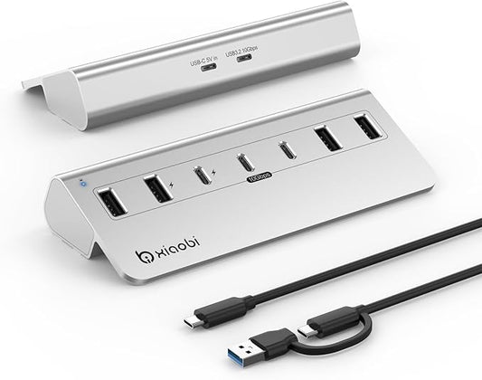 USB C Hub,Powered USB Hub with 5V 3A Power Adapter, 10Gbps USB Splitter with 4 USB-A and 3 USB-C Ports, 7-Port Type C Multiport Adapter for MacBook Air/Pro, iPhone 16/15, Laptop and More(Silver)