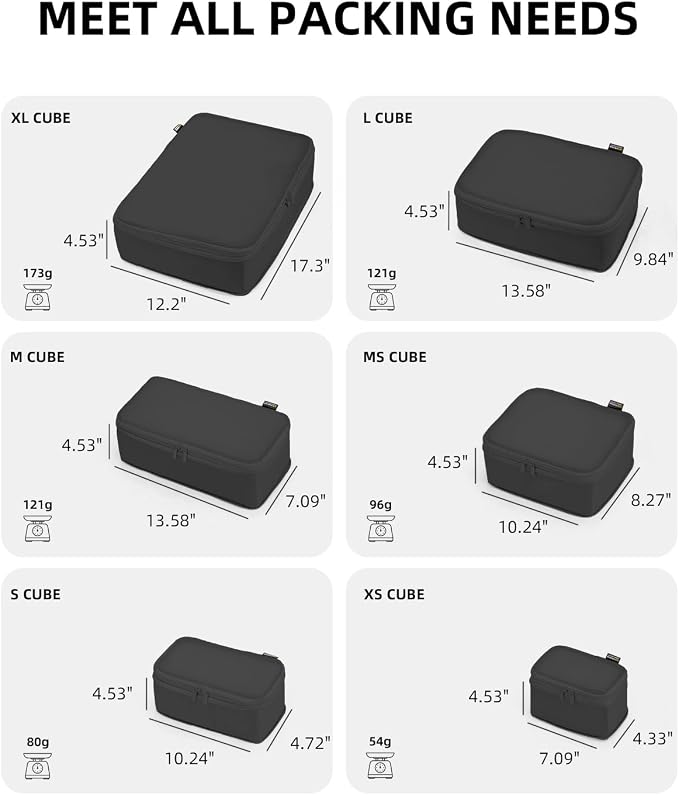 Compression Packing Cubes for Travel, 6-Piece Set (Large/Medium/Small), Double-Zip Luggage Organizers for Suitcase & Carry-On, Clothes Storage Bags (Pure Black, 6 Pack)