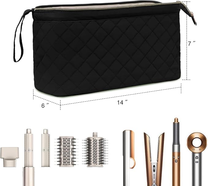 Stratalife Quilted Hair Tools Travel Bag with Polishing Cloth Compatible with Dyson Airwrap Shark Flex Style, Portable Toiletry Bag Hair Dryer Curling Iron Carrying Case Travel Essentials Black