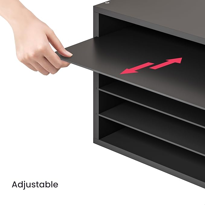 Ballucci 5 Tier Paper Organizer Letter Tray, Wood Desk File Organizer with Adjustable Shelves, Home Office School Letter/A4 Mail Sorter Magazine Holder - Black
