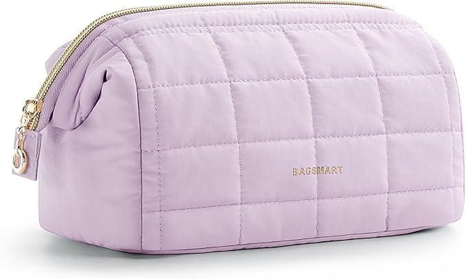 BAGSMART Makeup Bag Travel Toiletry Bag, Puffy Padded Make Up Bags for Women Makeup Organizer Case, Wide-open Pouch Purse Travel Essentials Toiletries Accessories Brushes, Lavender Purple