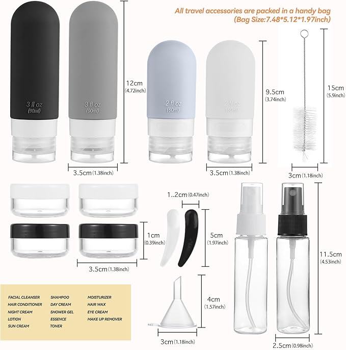 DEPOZA Travel Bottles Kit (16 Pack) - TSA Approved, Leak Proof Silicone Squeezable Containers for Toiletries. Complete Set with Jars, Sprayers & Bag (Black)