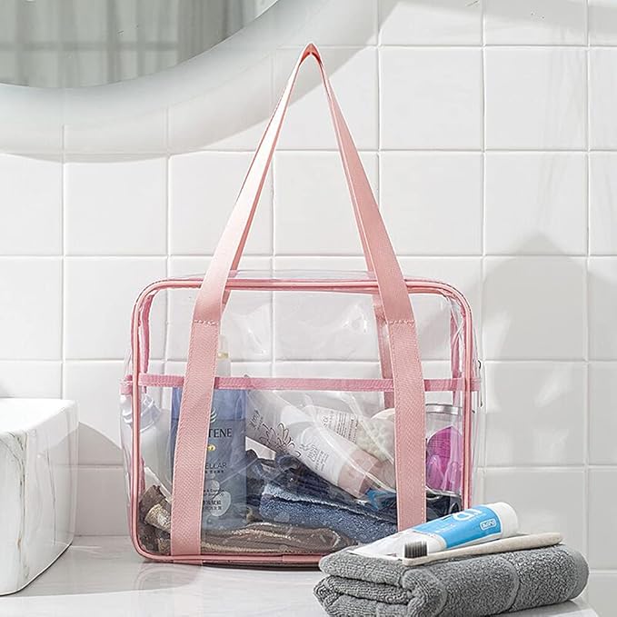 SxoSyo Clear Makeup Bags Large Transparent Travel Toiletry Bag for Women with Handle Cosmetic Bathroom Organizer PVC Zipper Beach Handbag (pink)