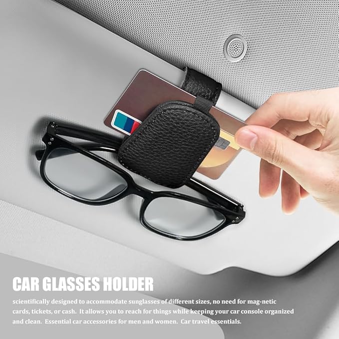 Sunglasses Holders for Car Visor, Sunglass Car Organizer, Leather Magnetic Buckle Sun Visor Sunglass Clip, Car Accessories Ticket Card Clip Sunglasses Mount Fit Truck (Black, 2PCS)