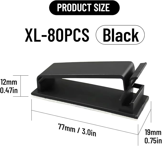 Adhesive Cable Clips Holder, Outdoor Light Clips, Black Cord Wire Clips, Sturdy Nylon Cord Wall Finisher Wire Clamp for Home, Car, Office Desk Wire Management (Black, XL-80 PCS)