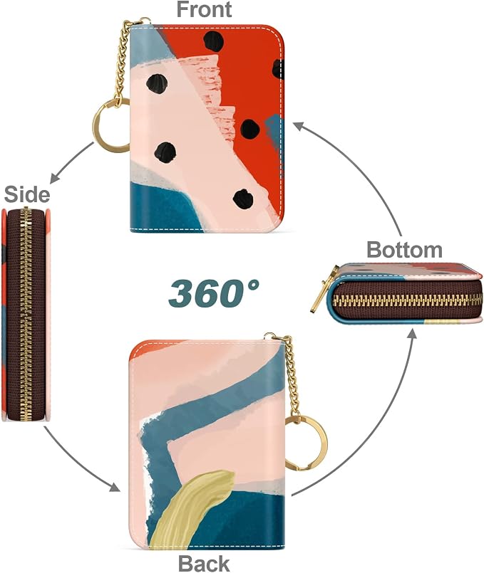 Nipichsha Credit Card Holder, Small RFID Card Wallet for Women, Slim Leather Card Holder Wallet, Credit Card Wallet Organizer, Pocket Business Card Case with Zipper & Keychain, Morandi Art
