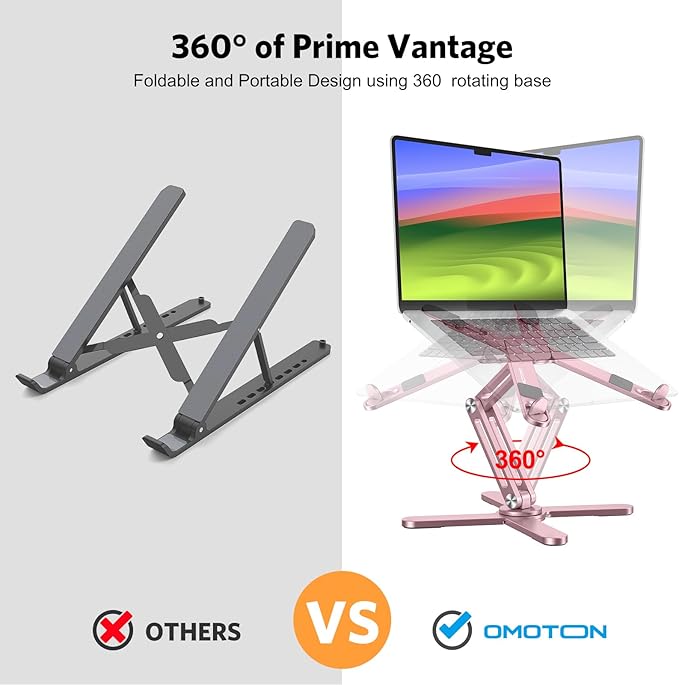 OMOTON 360° Rotating Laptop Stand Riser for Desk, Ergonomic Foldable Computer Stand Adjustable Height Angles for Collaborative Work, Easy Storage Fit Macbooks,All Laptops up to 16 inches, Pink