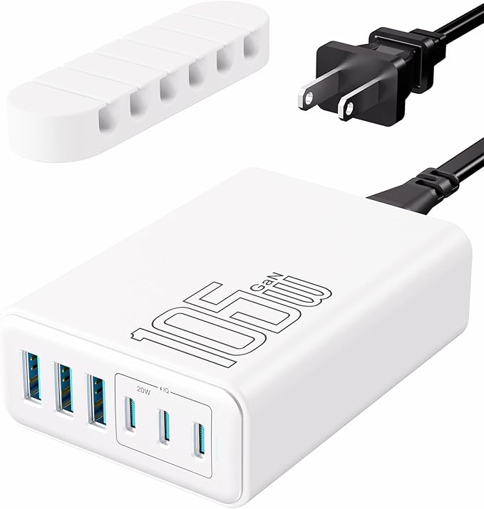 105W USB C Fast Charger, 6-Port Desktop GaN USB Charging Station Hub, USB C Charger Block Wall Charger for iPhone 17/16/15/14/13/12/11, iPad, Samsung and More (Cable Organizer Included)