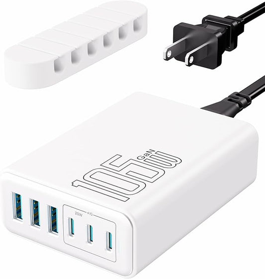 105W USB C Fast Charger, 6-Port Desktop GaN USB Charging Station Hub, USB C Charger Block Wall Charger for iPhone 17/16/15/14/13/12/11, iPad, Samsung and More (Cable Organizer Included)