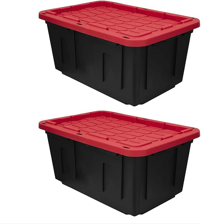 27 Gal Industrial Tote,2 Pack Plastic Storage Bins with Lids Tough Large Storage Bin,Black with Red Lid Plastic Storage,Stackable & Nestable for Garage, Basement, or Outdoor (2 Pack)