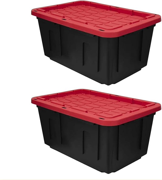 27 Gal Industrial Tote,2 Pack Plastic Storage Bins with Lids Tough Large Storage Bin,Black with Red Lid Plastic Storage,Stackable & Nestable for Garage, Basement, or Outdoor (2 Pack)