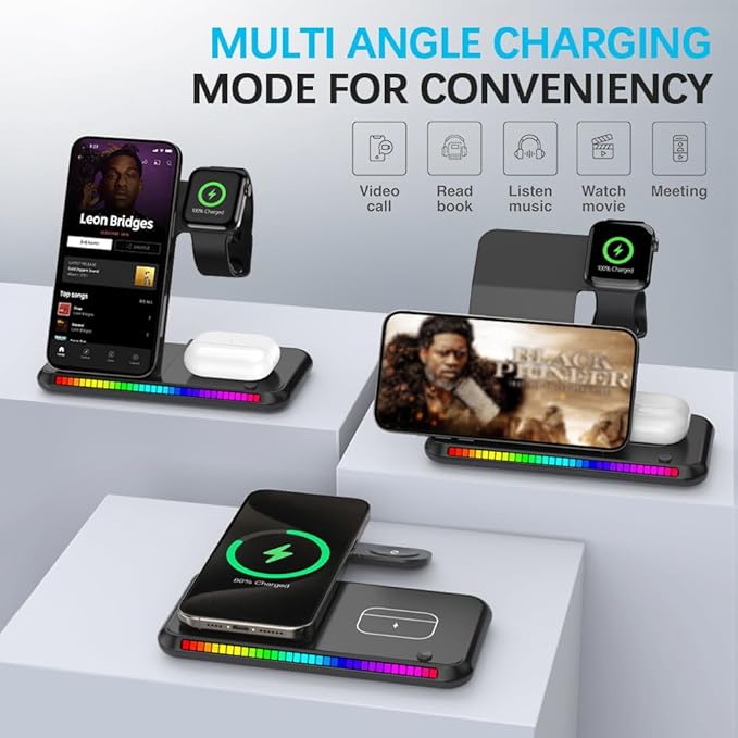 IHAO 3in1 Multifunctional Foldable Wireless Charging Station with LED Ambient Night Light Fast QC3.0 Charger for Phone, iWatch, Headphone Space-Saving Auto-Shutoff & Overcharge Protection-Black
