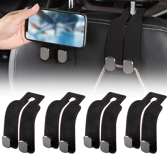 FXOICMI Car Seat Headrest Hooks, Purse Hooks for Car with Double Hooks, Leather Car Seat Hooks for Purses and Handbags, Heavy Duty Car Purse Holder Hanger for Travel, Keep Car Tidy (Black 4Pcs)