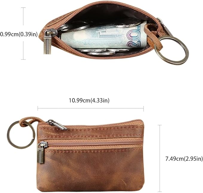 Coin Purse for Men,Coin Pouch with Zipper for Men Women,Genuine Leather Mini Coin Pocket Pouch Change Holder Mens Tray Purses Coin Purse Cash Change Wallet Key Holder Money Pouch