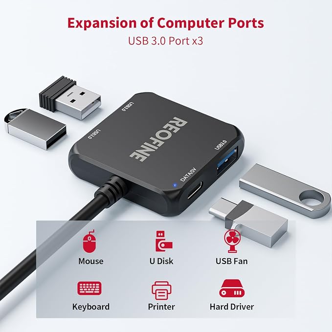 USB C Hub 4 Ports Multiple USB 3.0 Hub Splitter Portable USB Adapter Mini Multiport Expander for Desktop, Laptop, Gaming Console, Flash Drive, HDD, Printer, PC, Keyboards