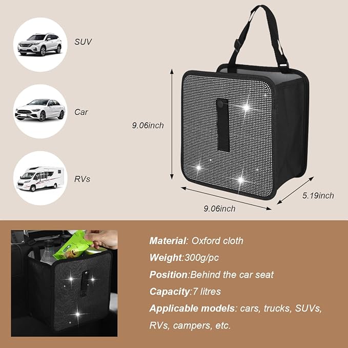 Car Trash Can, Bling Rhinestone Crystal Waterproof Hanging Garbage Bag for Car Interior, Oxford Leakproof Foldable Waste Organizer Trash Bin Universal for Most Vehicles (White)
