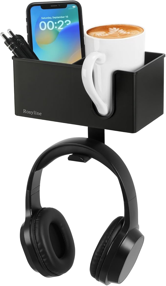 Rosyline 3-in-1 Desk Cup Holder & Clip-on Cup Holder, Clip on Desk Organizer – with Anti-Spill Function, Keeps Your Coffee, Headset, Phone & Pens Within Easy Reach, for Office Desk (Black)