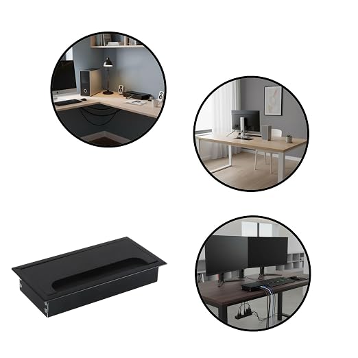 Desktop Cable Management Cover for Desk Organization - Aluminum Alloy Cable Box with Brush Seal (Black, 8.0x16.0x2.8 cm)
