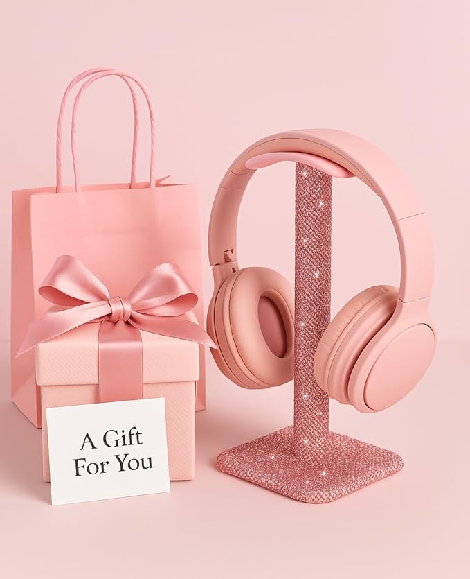 Luxury Rhinestone Headphone Stand – Cute Crystal Headset Holder for Gamer Girl Desk Setup – Bling Kawaii Desk Accessories with Soft Headrest – Aesthetic Gift for Daughter & Girlfriend (Pink)