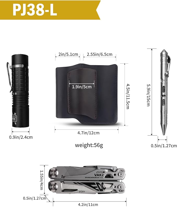 VIPERAED PJ38 Leather Multitool Sheath for Men, 4-in-1 Utility Leather Holster, EDC Pocket Organizer for Pocket Knife Multitool Flashlight and Pen