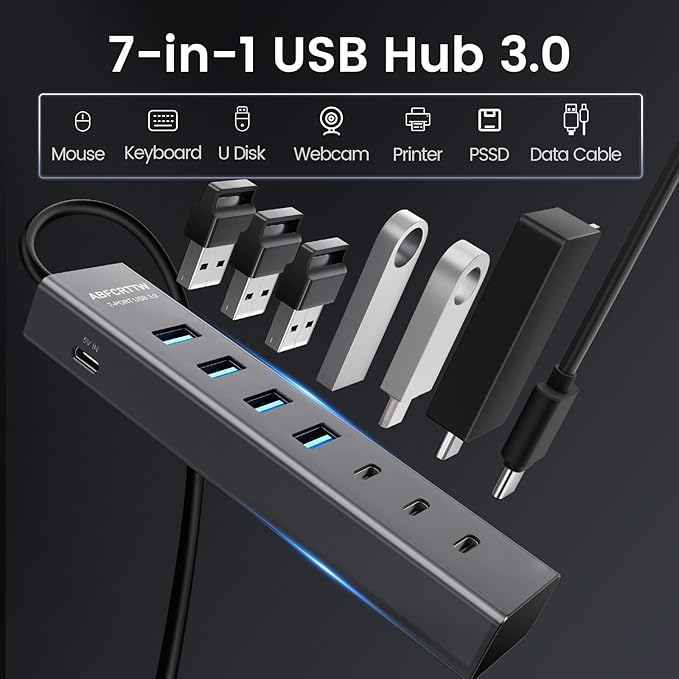 USB C to USB Hub Multiport Adapter, Aluminium 7-Port USB C Hub Multiport Adapter, USB Extenders, USB c Splitter for Thunderbolt, MacBook Pro/Air, Laptop, iPad, iMac, U Flash, PSSD, Keyboard, Mouse