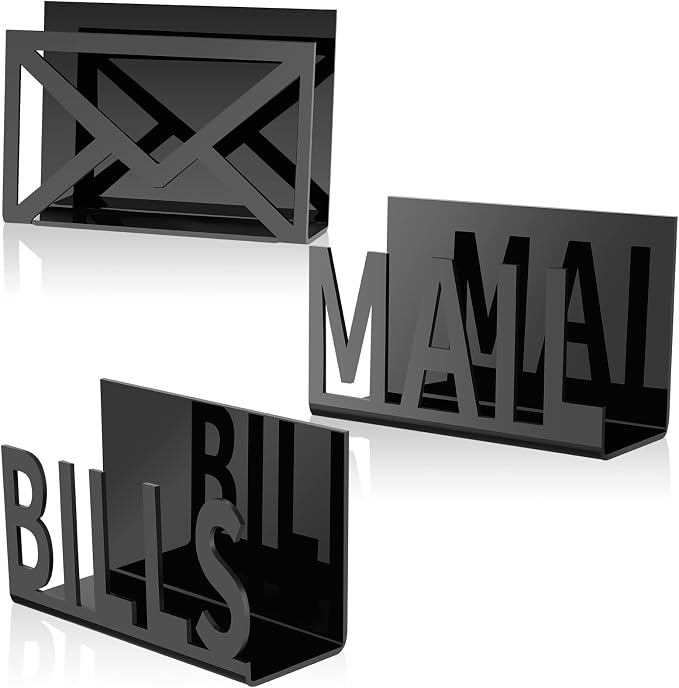3 Pack Desktop Mail Organizer and Bills Holder, Modern Acrylic Sorter Set with Mail, Bills and Envelope Designs, Decorative Desk Organizer for Home Office Countertop