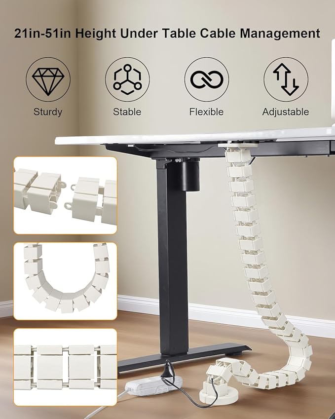 Under Desk Cable Management Vertebrae Fit for Sit Stand Desk Management, Magnetic Fixation Adjustable Length Cable Management Spinal, Flexible Chain Raceway White