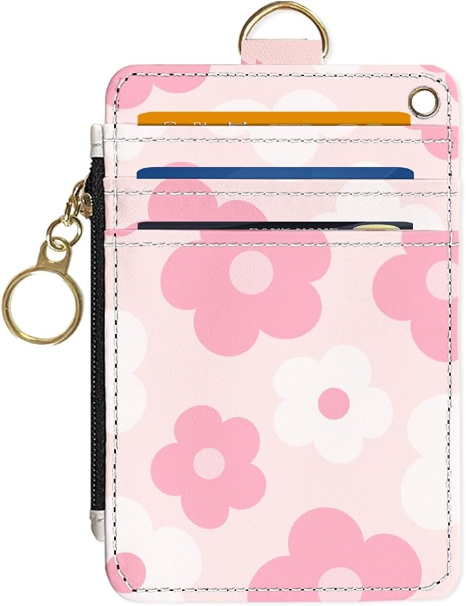 Slim Wallet Credit Card Holder, Pink Daisy, RFID Wallet Women Cute Small Front Pocket Wallet With Zipper, PU Leather Thin travel RFID Blocking Card Case ID Window,Ladies Gifts