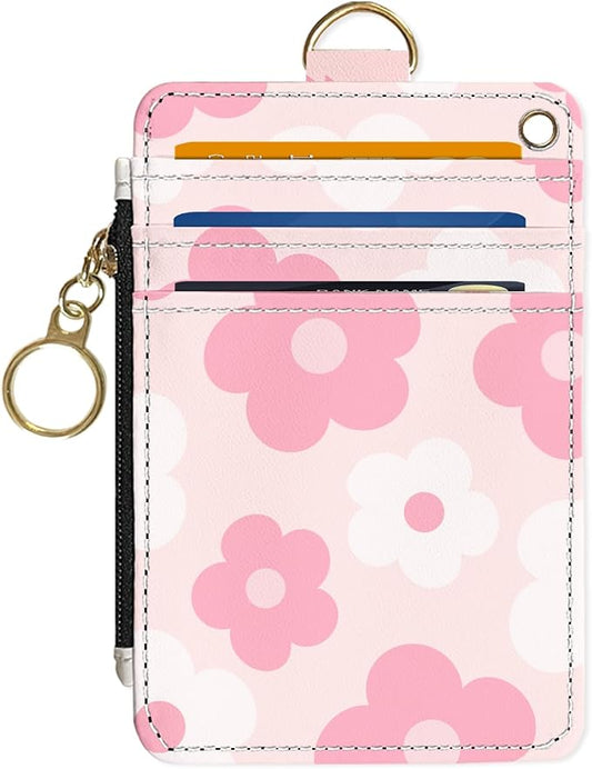 Slim Wallet Credit Card Holder, Pink Daisy, RFID Wallet Women Cute Small Front Pocket Wallet With Zipper, PU Leather Thin travel RFID Blocking Card Case ID Window,Ladies Gifts