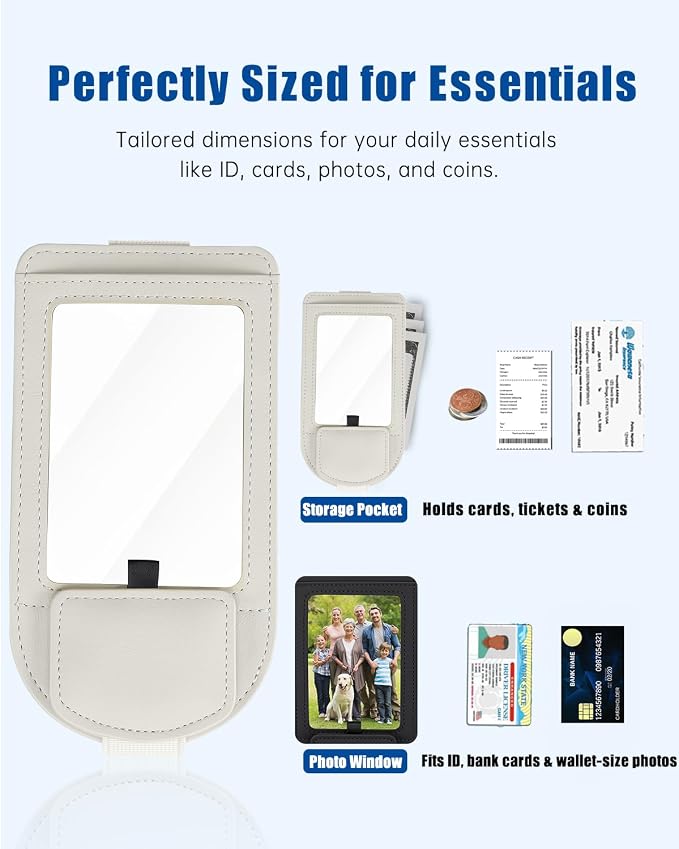 Car Visor Sunglasses Holder, 3 in 1 Glasses Clip with Photo Picture Display & Extra Storage Pocket, Anti-Slip Universal Sun Visor Organizer, 2026 Upgraded (1, Off-White)