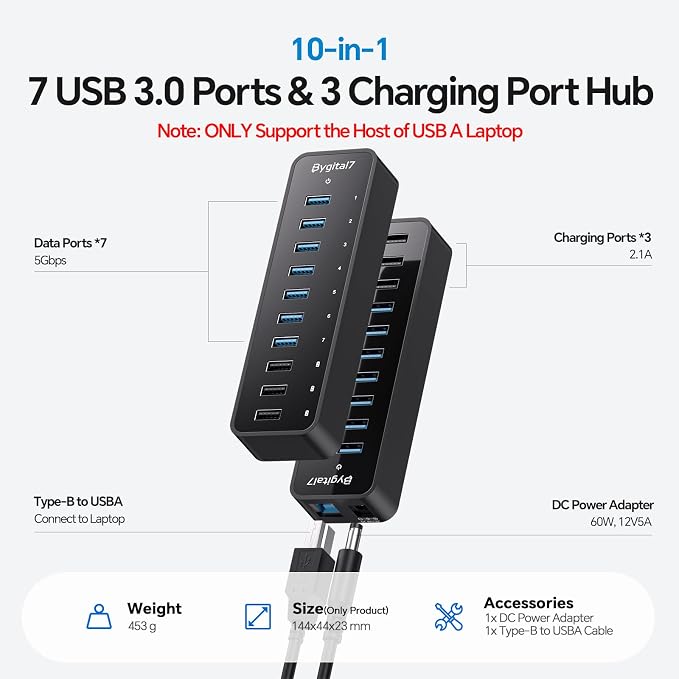 60W Powered USB 3.0 Hub 10-Port, 7 USB 3.0 Data Ports (5Gbps) + 3 Smart Charging Ports (BC1.2 2.4A), 60W Power Adapter Desktop USB Splitter for Laptop, PC, Mac, Mobile, HDD