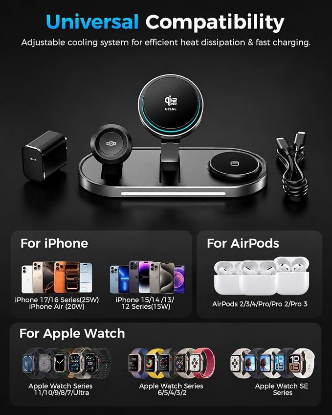 25W Foldable 3 in 1 Charging Station for Apple,Magsafe Charger Qi2.2 Certified Magnetic Wireless Charger Station for iPhone 17 16 15 14 Pro Max,Apple Watch,Airpods,Black (Adapter Included)