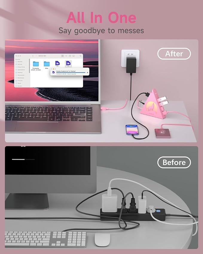Powered USB Hub 3.0, 6-Port Hub(4 USB 3.0 Data Ports + 2 Smart Charging Ports) with 48W AC Adapter, RGB Light, Compatible with PC, Laptop, Mac, External Hard Drives, PS4, Fast Charging for Phone(Pink)