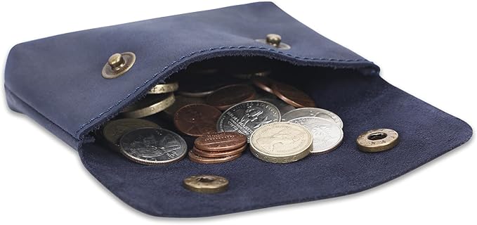 Leather Double Coin Pouch Premium Cash & Card Holder Compact Cable Organizer Travel Makeup Bag, Handmade Artisan Craft Vintage Leather Accessories Multipurpose Wallet & Organizer (Blue)