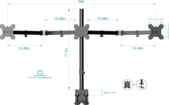 Rocelco Premium Triple Monitor Desk Mount - Standard Pattern Fits 13" - 27" LED LCD Flat Computer Screen - Three Articulated Full Motion Adjustable Arms - Grommet and C Clamp - Black (R DM3)