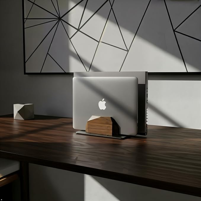 Vertical Laptop Stand for Desk, Dual Slot Wood Laptop Holder to Dock MacBook, MacBook Pro and & Gaming Laptops, Solid Black Walnut, Geometric Sculpted Craftsmanship