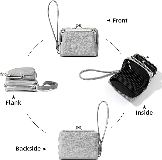 Women's Pebble Leather Wristlet Wallet, 2-in-1 Zip-Around Credit Card Holder with Kiss Lock Coin Purse, Cute Change Purse with Secure Clasp & Card Slots (Light Grey, Small)