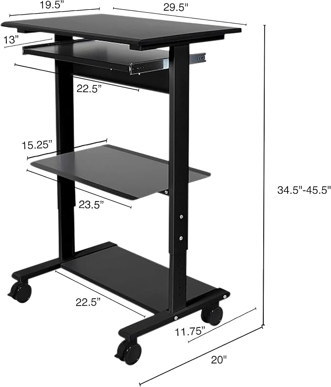 Stand Up Desk Store Mobile Rolling Adjustable Height Standing Workstation with Printer Shelf and Slideout Keyboard Tray (Black Frame/Black Top, 30" Wide)